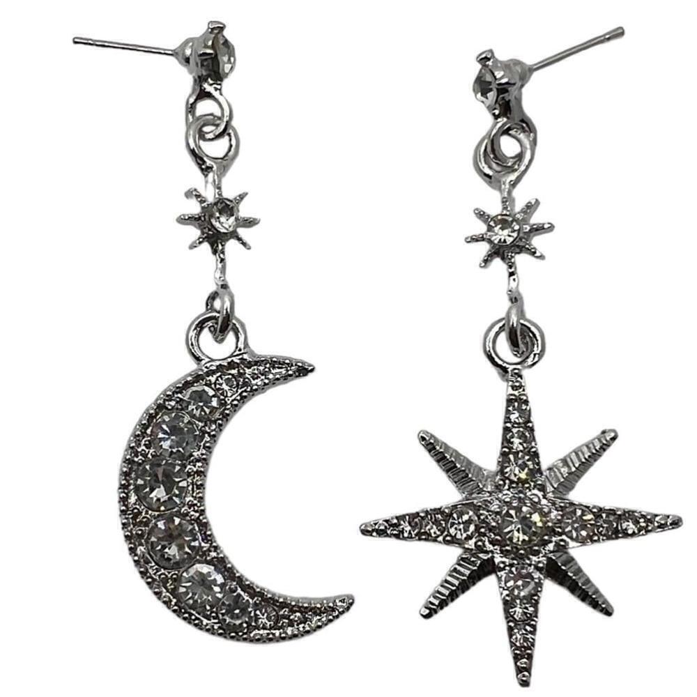 Moon & Star Silver Tone Rhinestone Crystal Long Dangle Drop Earrings
